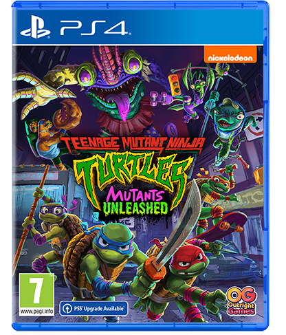 Okładka gry na PS4 Teenage Mutant Ninja Turtles: Mutants Unleashed z postaciami w akcji.