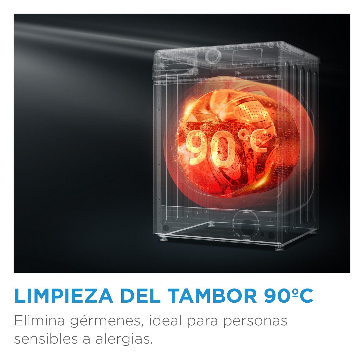 Imagen del interior de una lavadora con brillo rojo-naranja, con texto sobre limpieza del tambor.