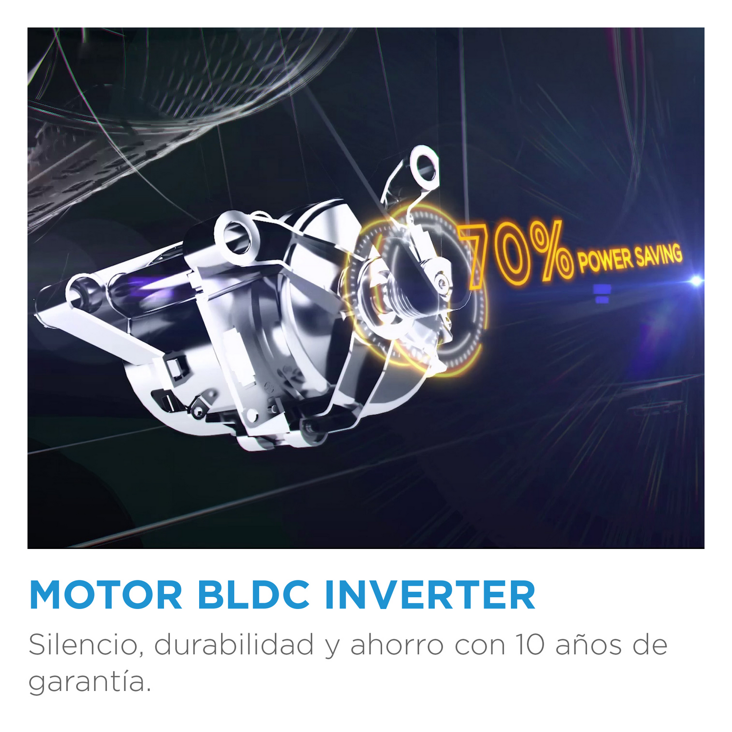 Motor metálico con texto de ahorro de energía del 70%, sobre fondo oscuro. Efecto de luz brillante.