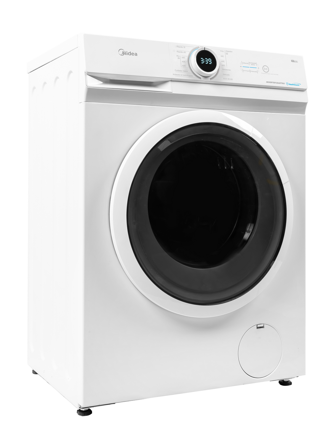 Lavadora Midea blanca. Cuenta con pantalla digital y puerta negra grande.