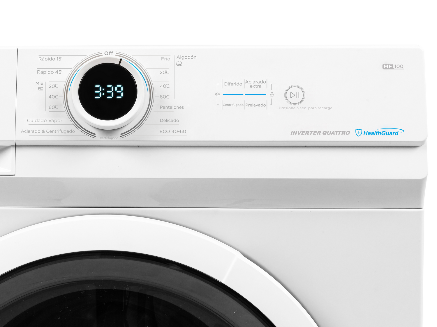 Panel de control de lavadora blanco con pantalla digital que muestra 3:39 y varias opciones de lavado.