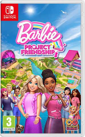 Pudełko gry Barbie Project Friendship na Nintendo Switch. Na okładce dwie lalki Barbie. Tęcza nad nimi.