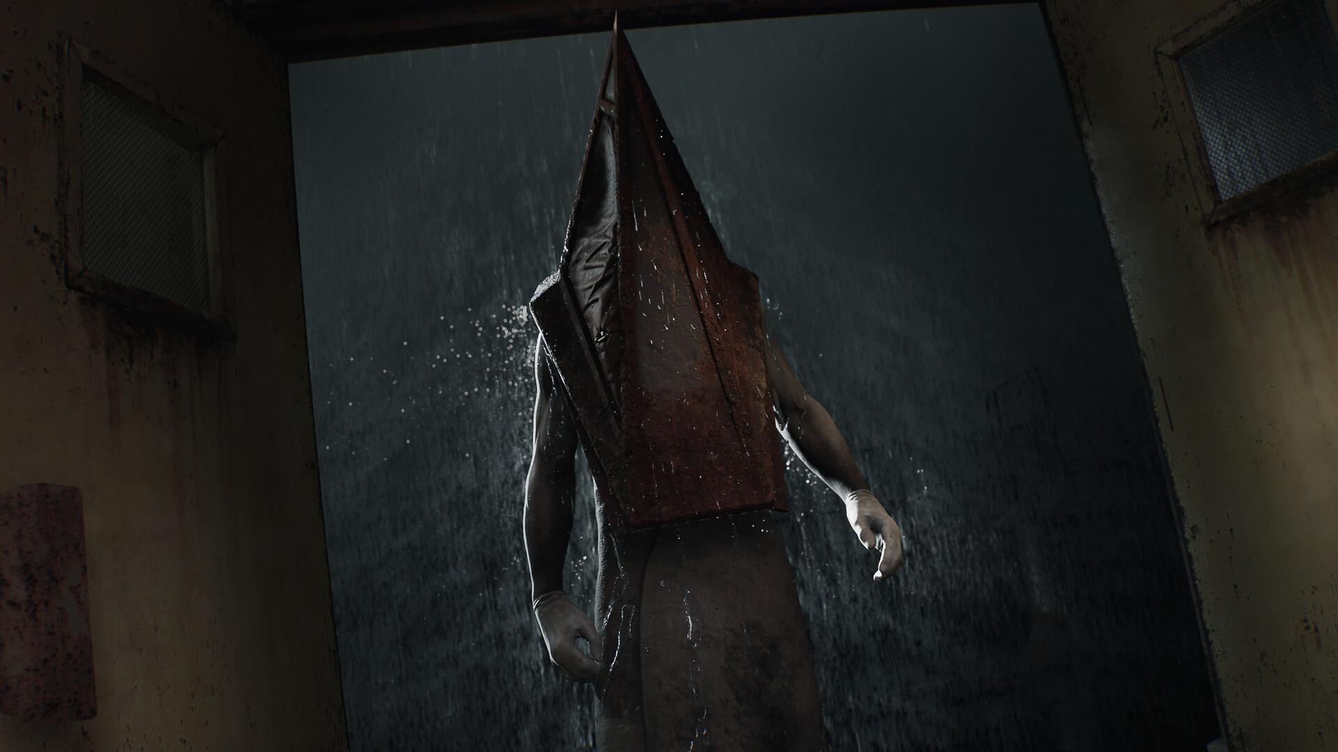 Pyramid Head aus Silent Hill in einem dunklen, nassen Korridor. Regen und eine blutige Wand.