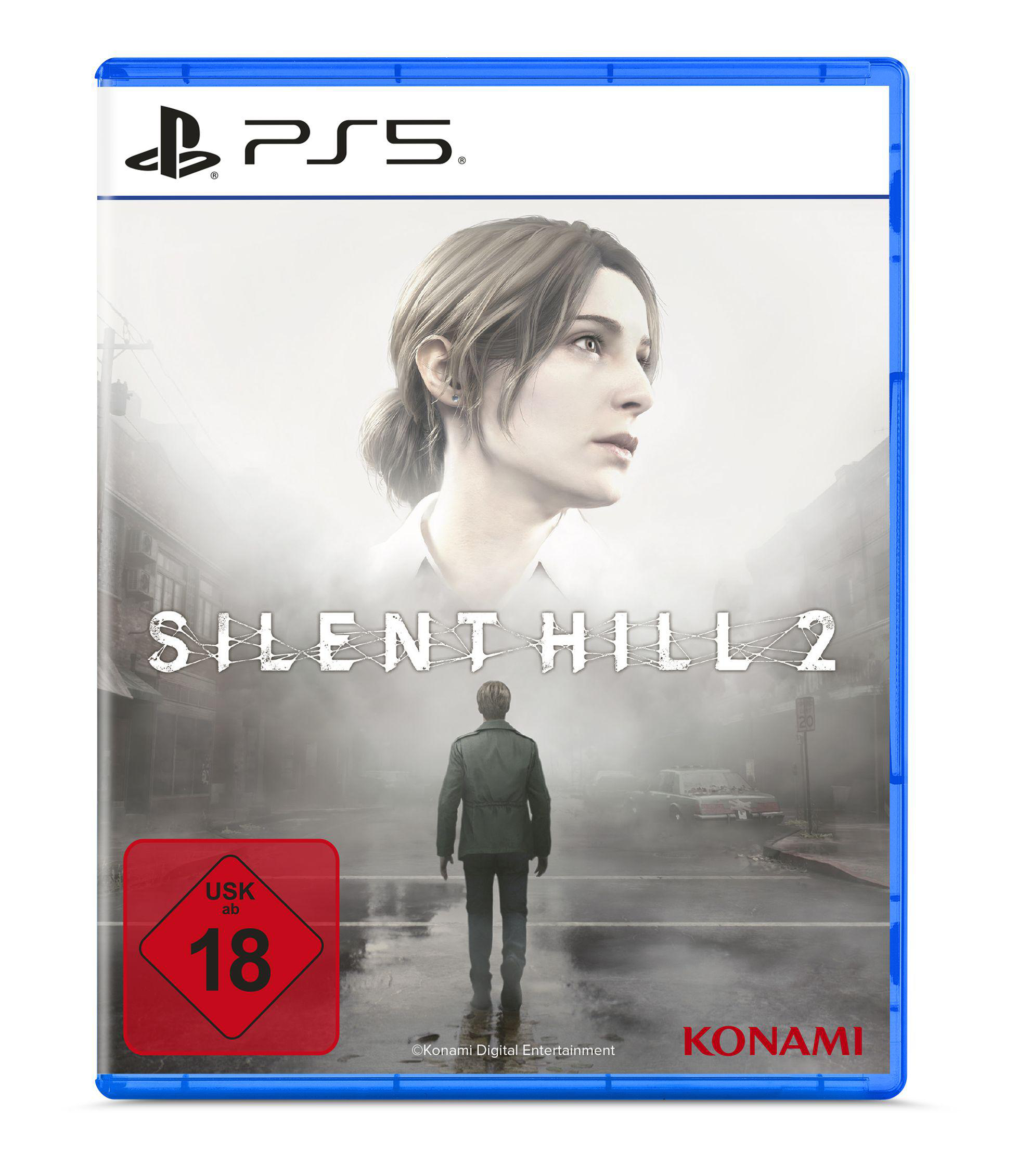 Cover des Silent Hill 2 PS5-Spiels. Zeigt das Gesicht einer Frau und einen Mann, der auf einer Straße geht.