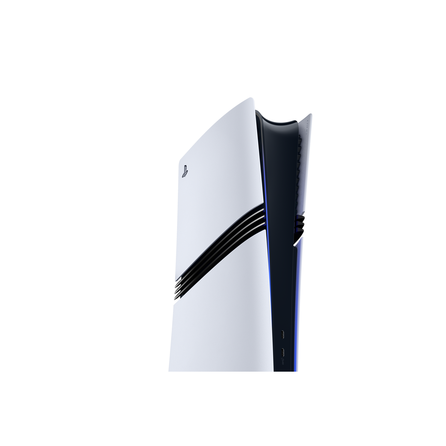 PlayStation 5 console, white with black accents, on a black background.