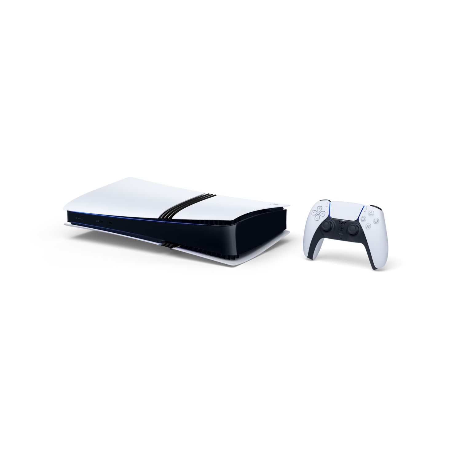 A PlayStation 5 console and a controller on a black background.