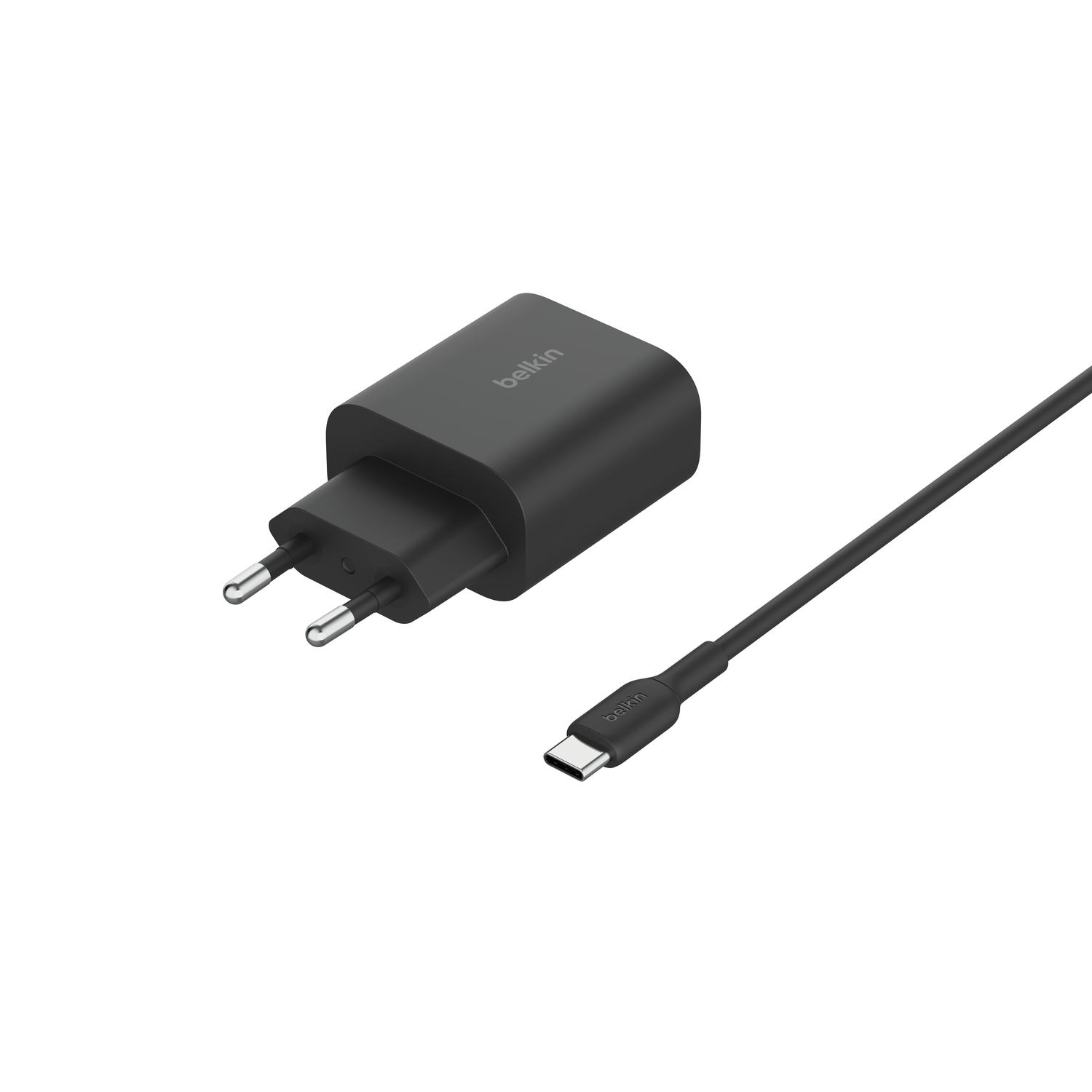 A black Belkin USB-C wall charger with a USB-C cable.