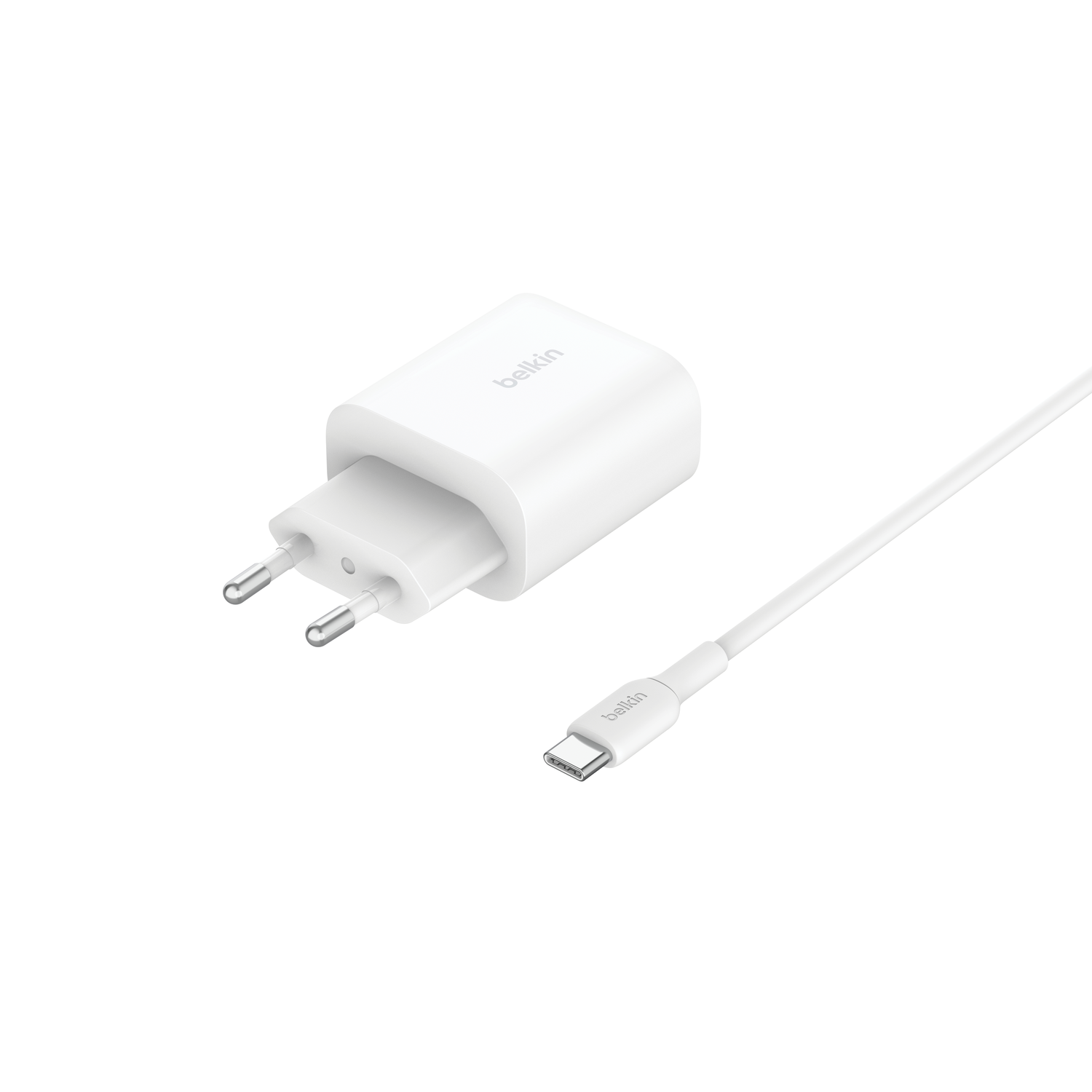 A white Belkin charger with a white cable and USB-C connector.