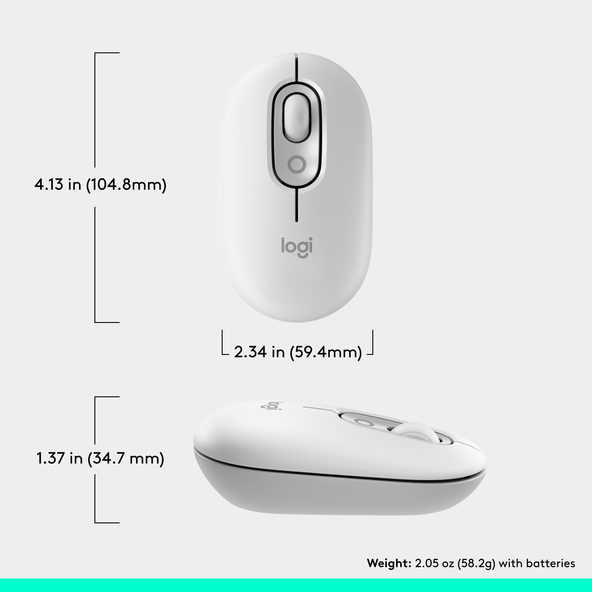 Weiße Logitech-Maus mit Abmessungen und Logo. Abmessungen sind 4,13x2,34x1,37 Zoll.