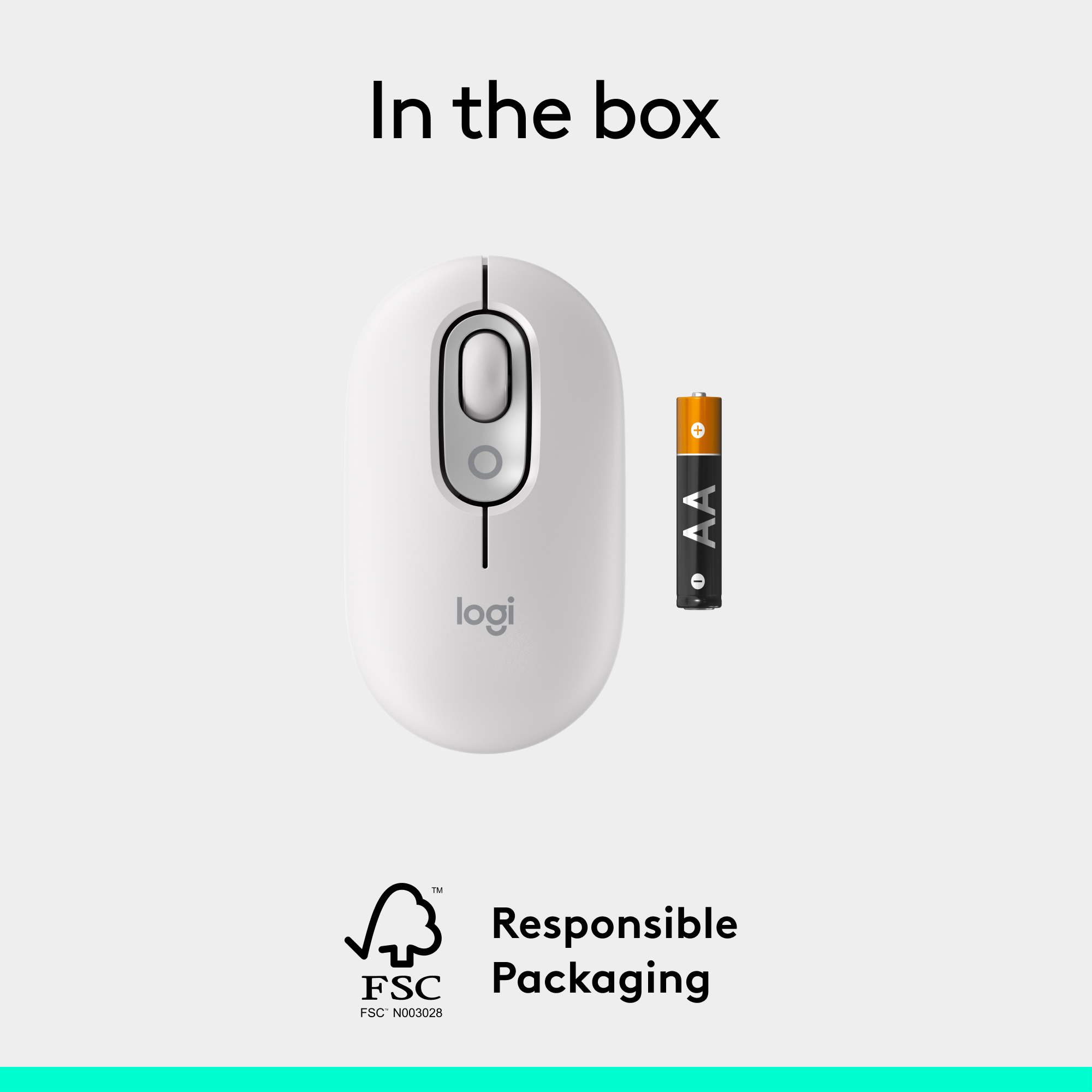 Weiße Logitech-Maus und eine AA-Batterie, mit dem Text 'In the box'.