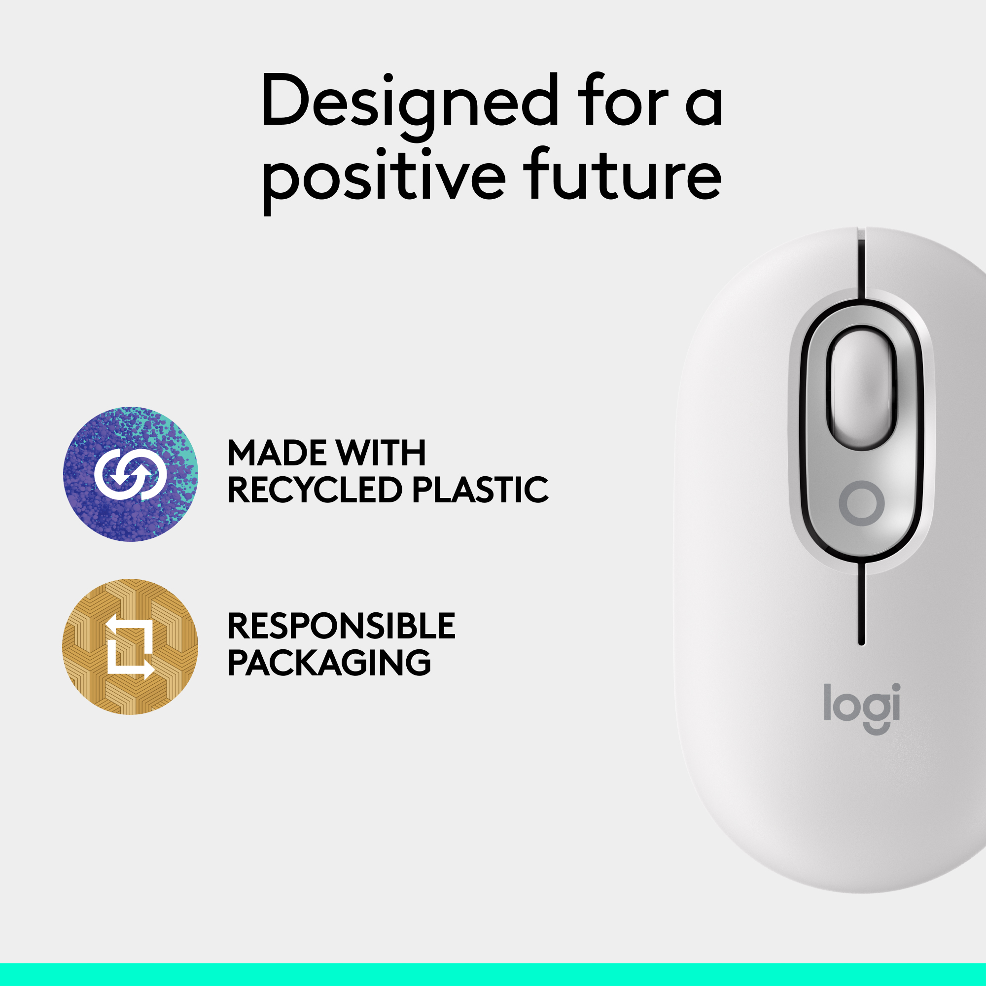 Weiße drahtlose Maus mit Recycling- und Verpackungssymbolen und dem Logitech-Logo.