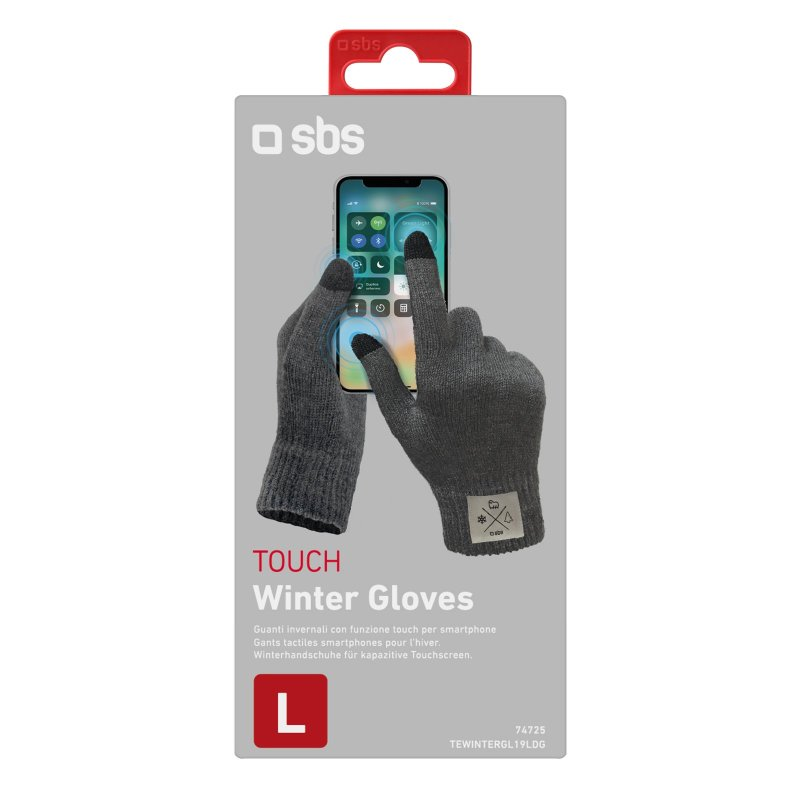 Graue Winterhandschuhe mit Touch-Funktion für Smartphones. Verpackt in einer Schachtel mit Etikett.