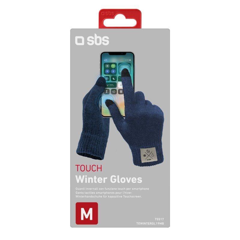 Blaue Winterhandschuhe mit Touch-Funktion für Smartphones in Verpackung, Größe M.