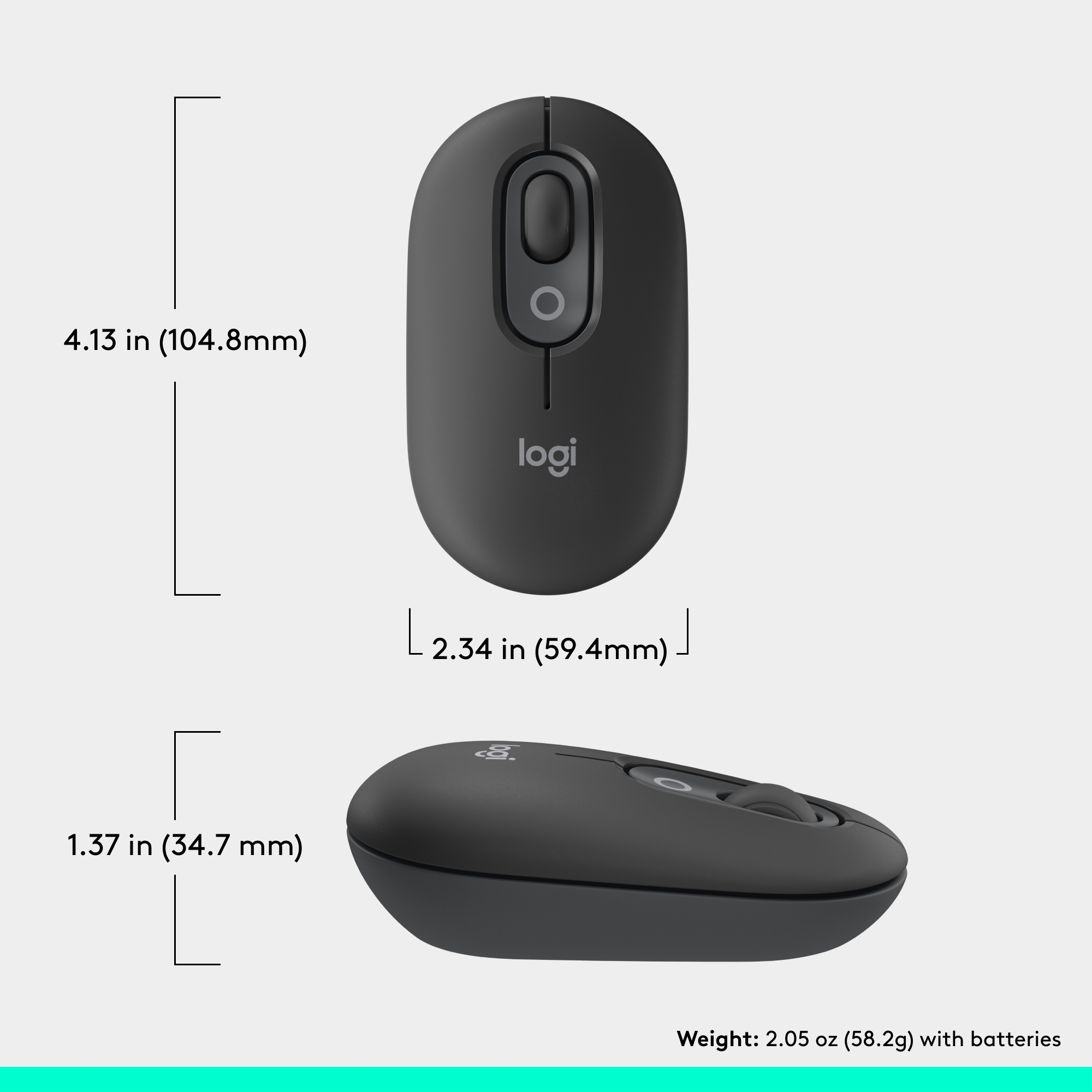 Zwei Ansichten einer schwarzen Maus. Sie hat Abmessungen in Zoll und mm. Das Gewicht beträgt 2,05 oz mit Batterien.