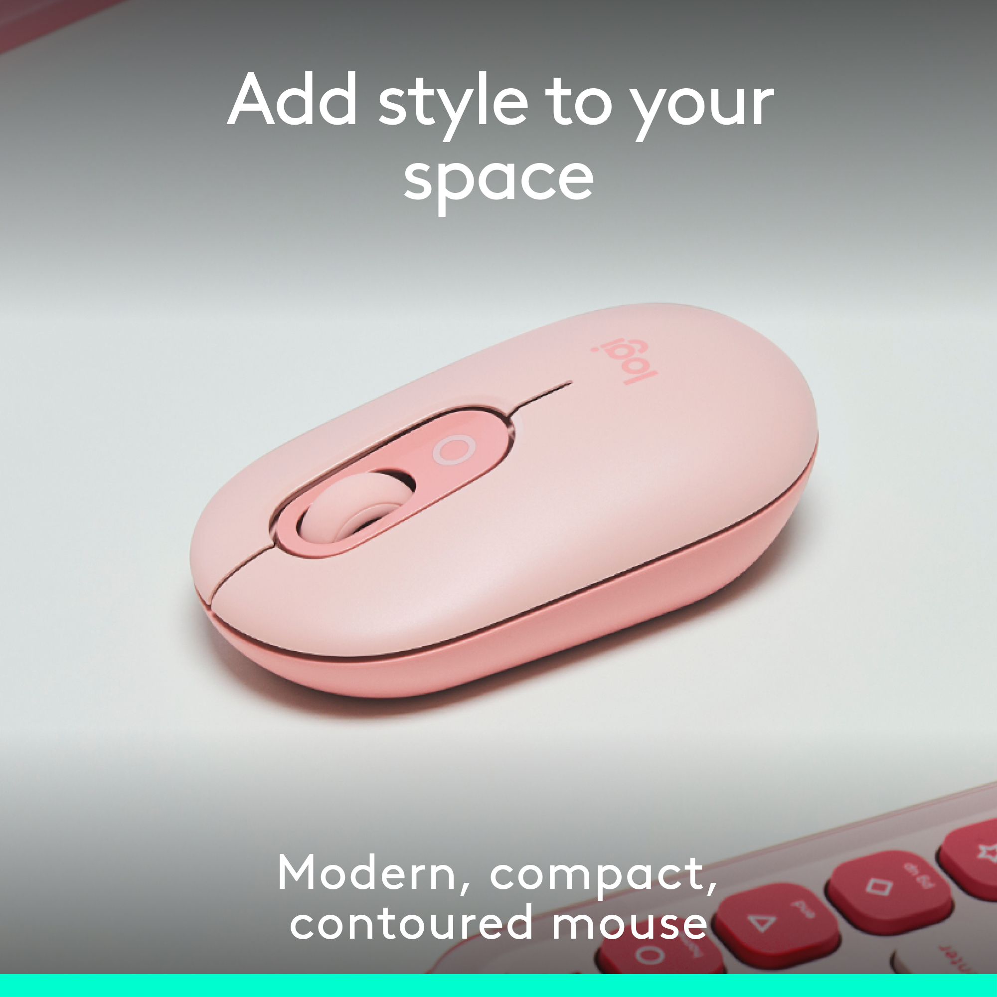 Rosa Logitech-Maus auf weißer Oberfläche. Text: Stil für Ihren Raum, Moderne, kompakte Maus.