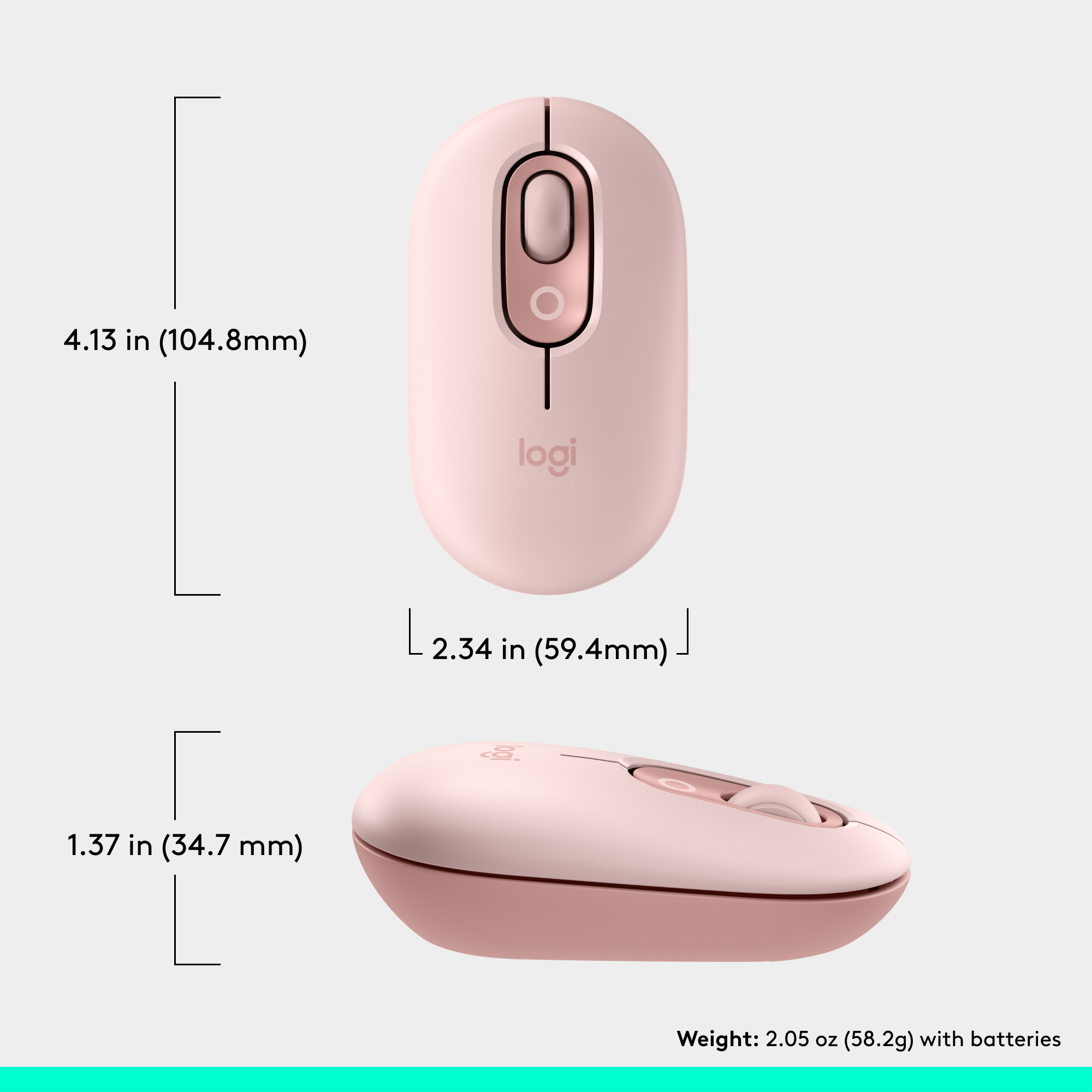 Rosa Logitech Maus aus zwei Winkeln, mit Abmessungen und Gewichtsangaben.