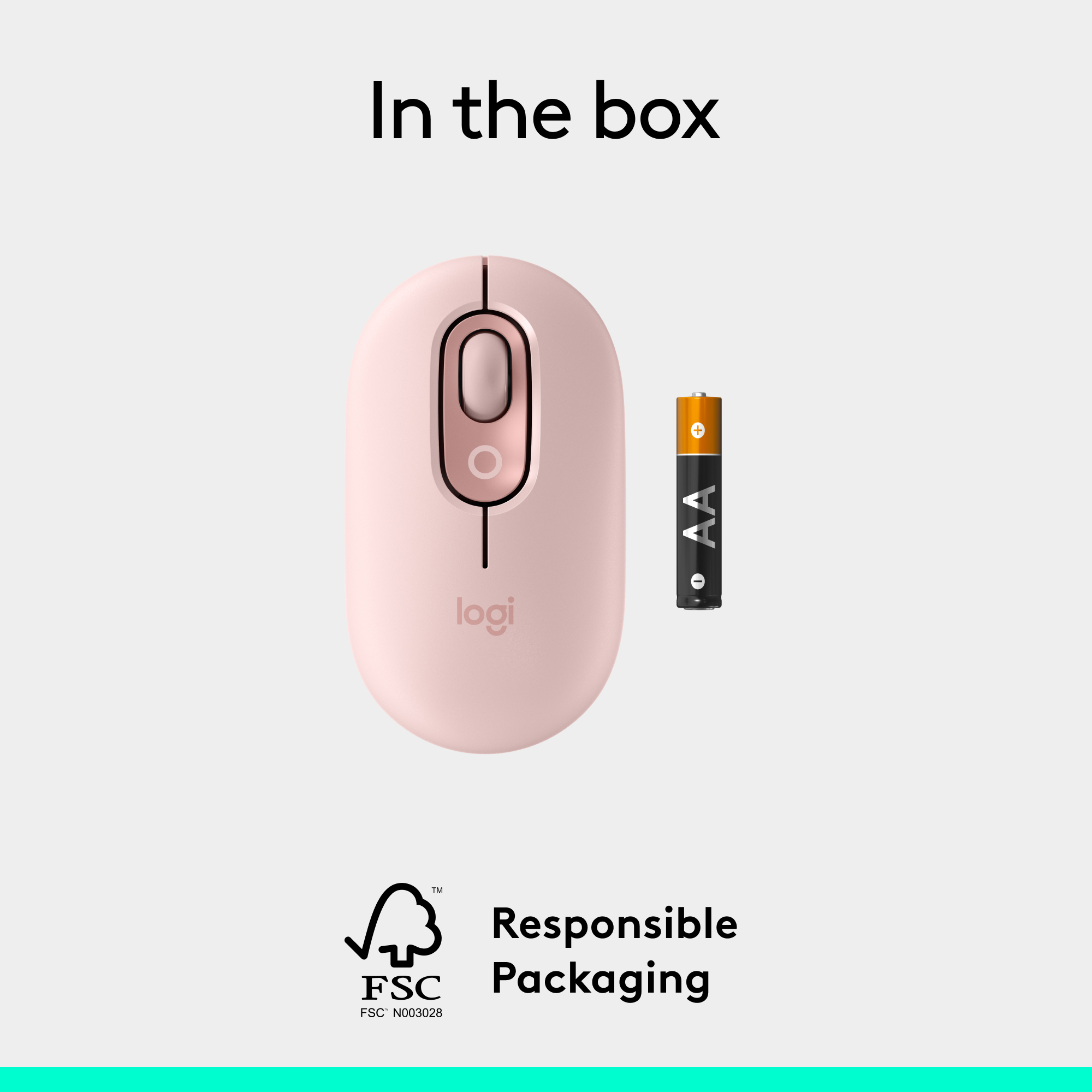 Rosa Logitech-Maus und AA-Batterie auf hellem Hintergrund. Text: 'In the box' und 'Responsible Packaging'.