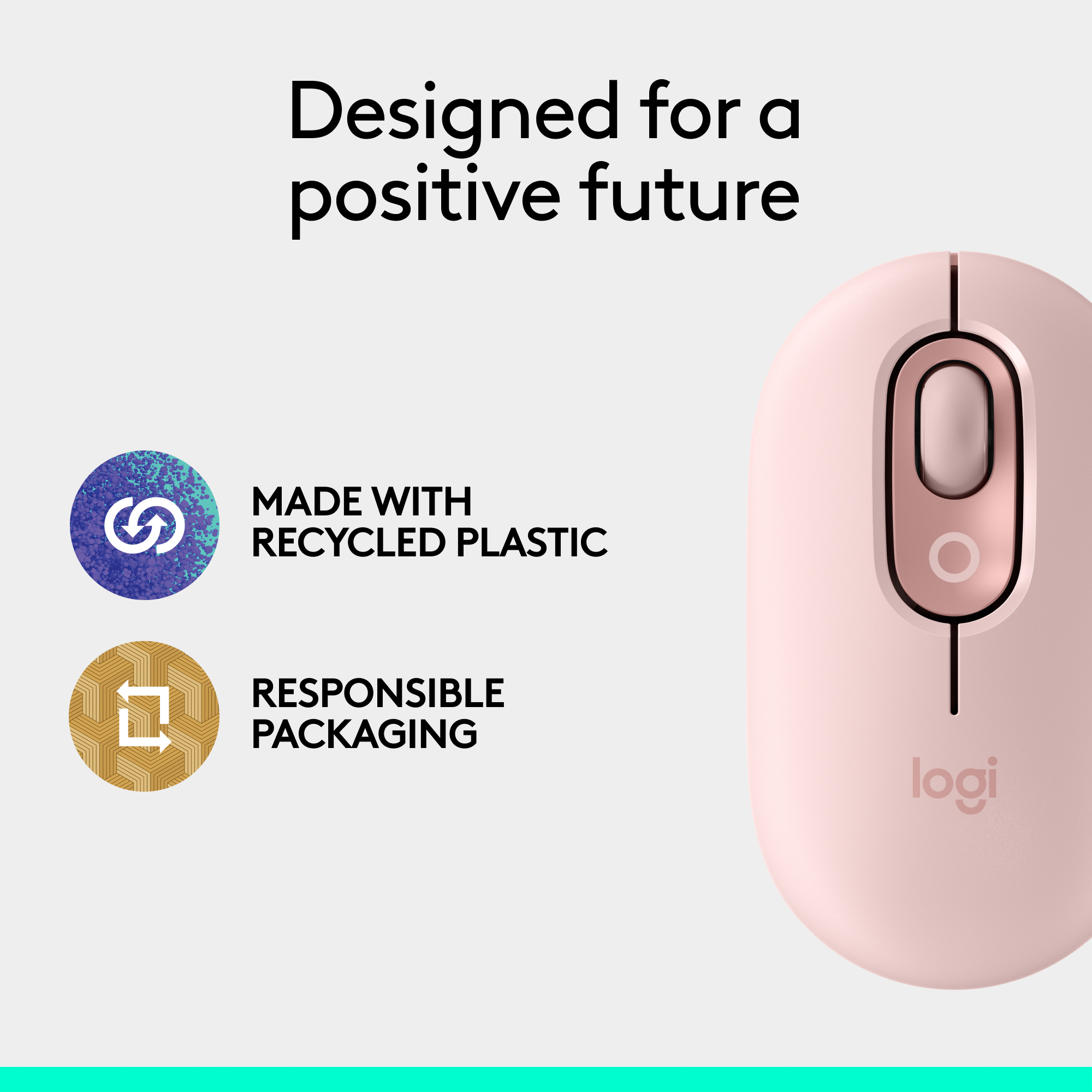Pinke Logitech-Maus mit Logo und Text über recyceltes Plastik.