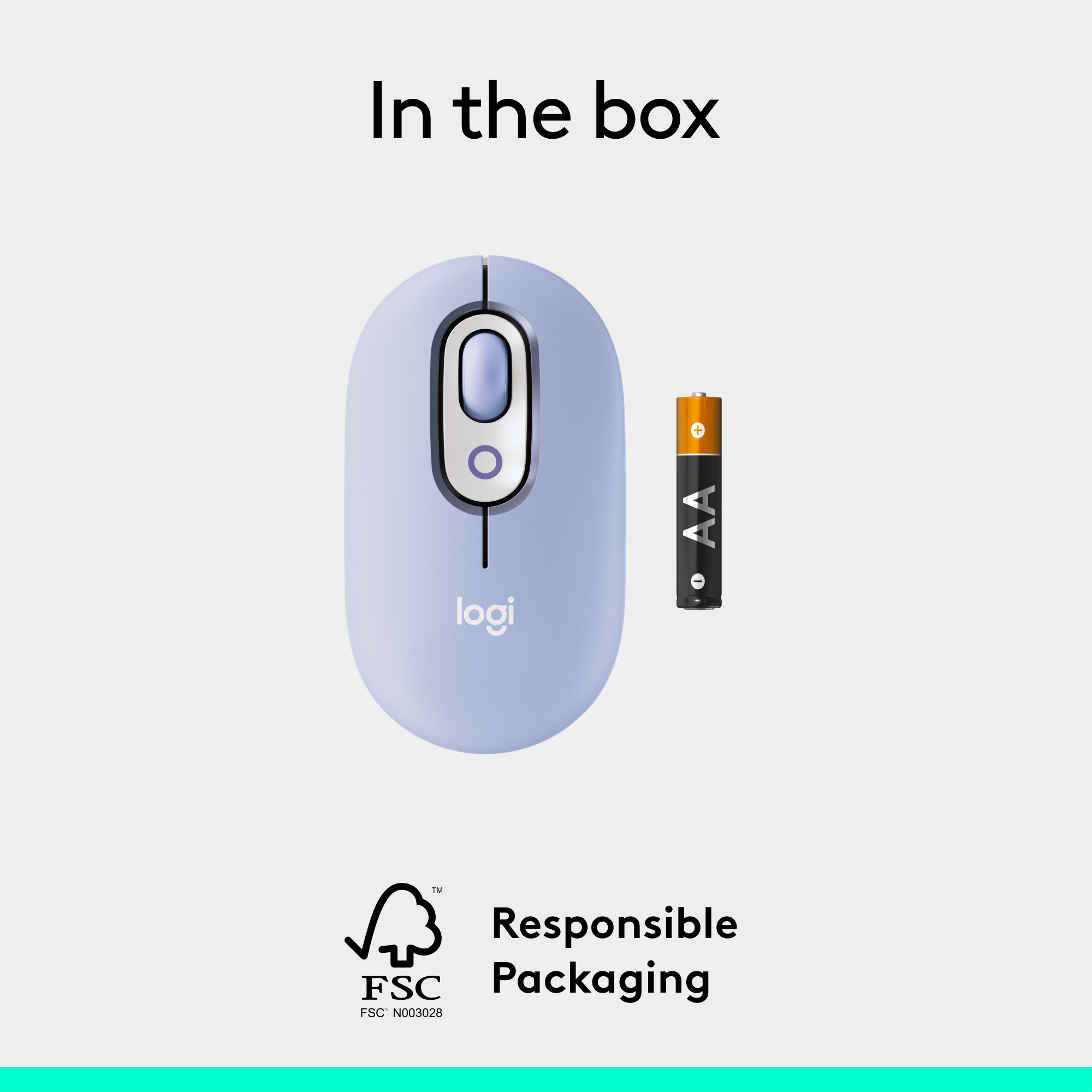 Eine blaue Computermaus und eine Batterie in einer Box mit der Aufschrift Responsible Packaging.