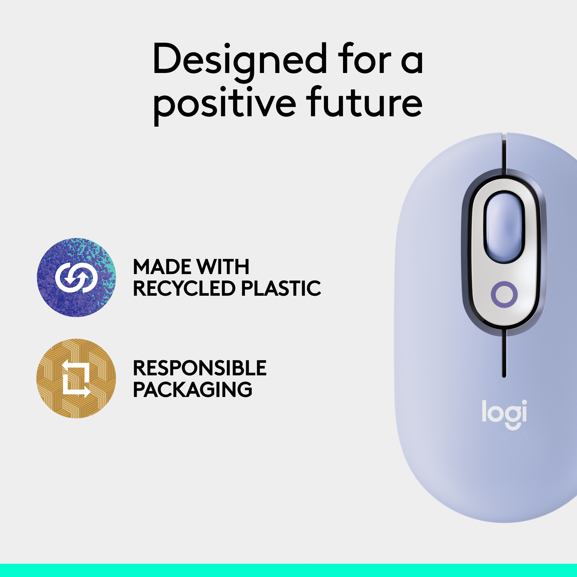 Blaue Logitech-Maus mit Text: Für eine positive Zukunft. Hergestellt aus recyceltem Kunststoff.