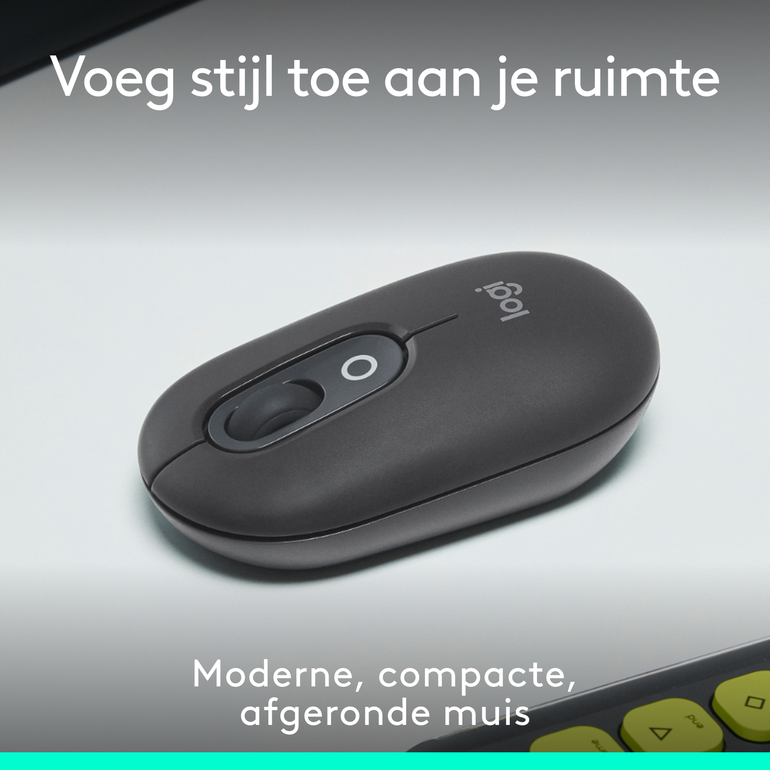 Dark grey Logitech mouse with a central scroll wheel. The text says add style to your space.