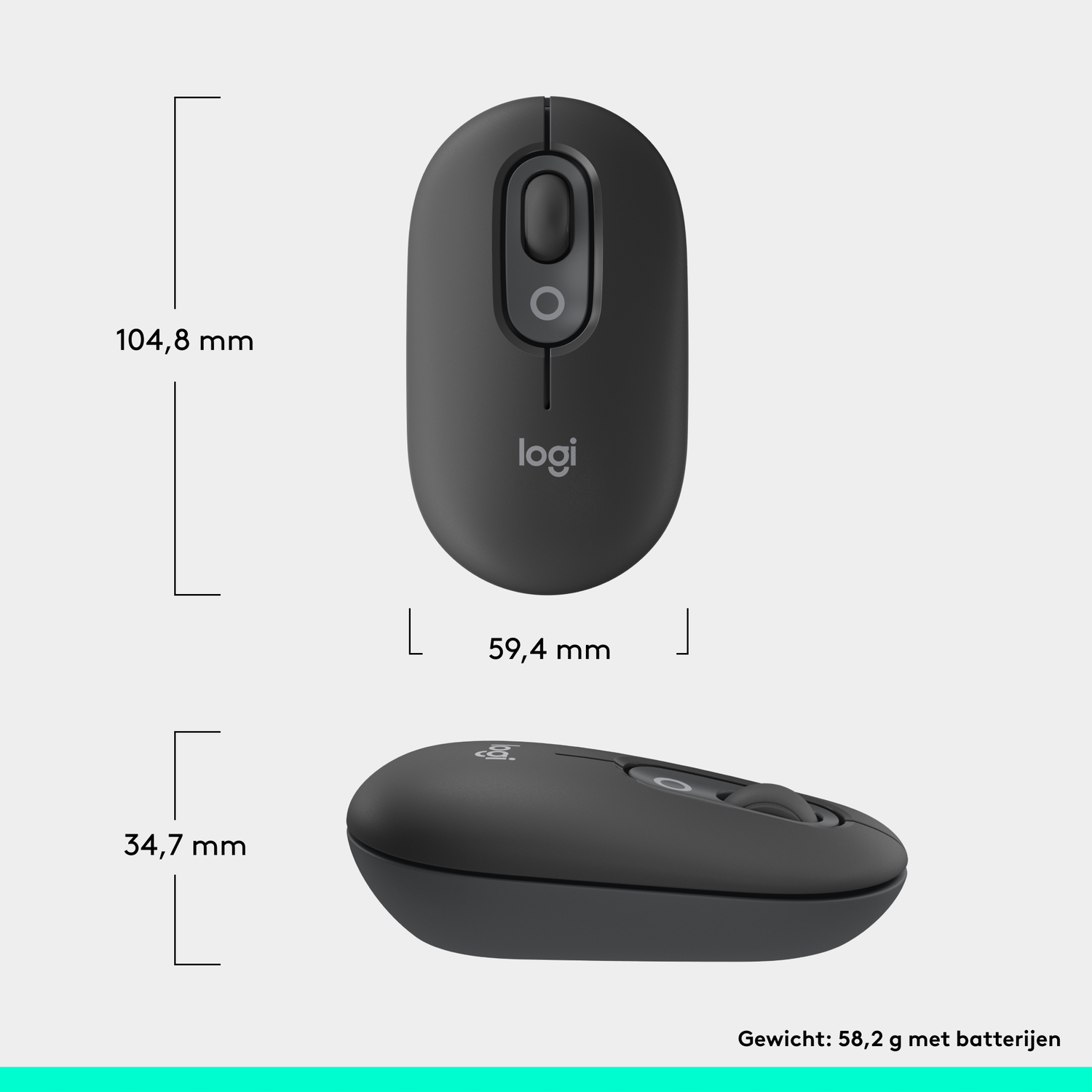 Black computer mouse. Top view and side view with dimensions and weight information.