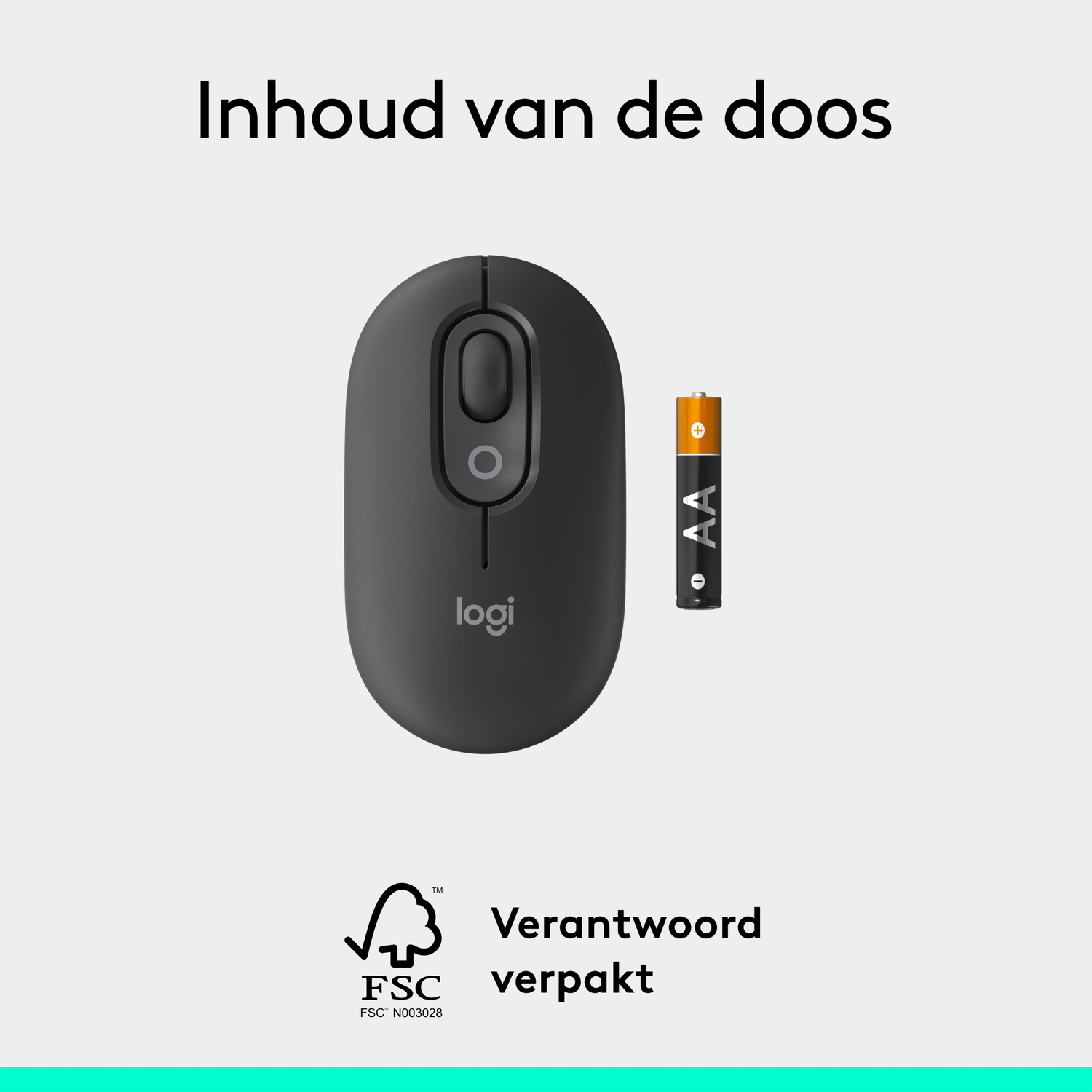 Black Logitech wireless mouse and AA battery on a light green surface. Text reads 'Inhoud van de doos'.
