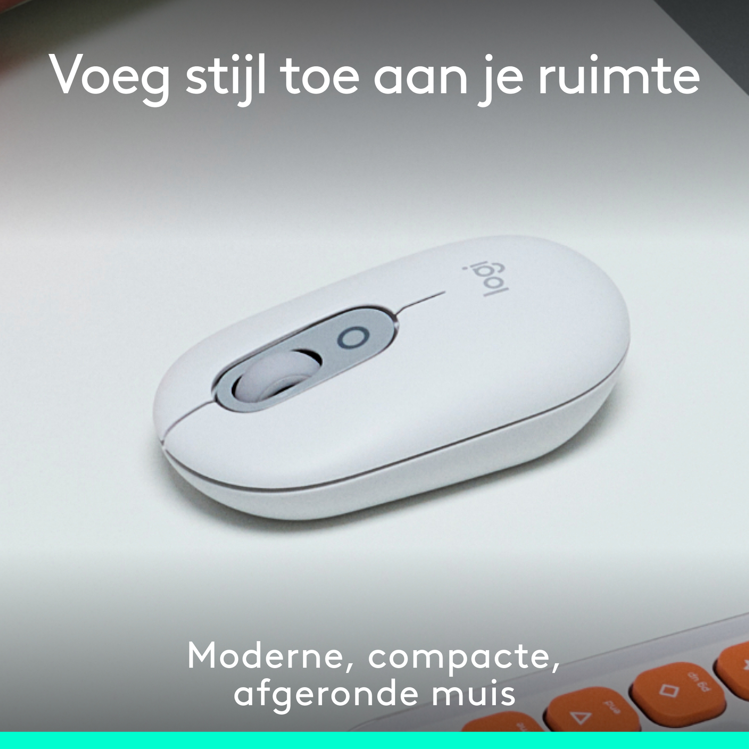 White Logitech mouse on a white surface with text 'Modern, compact mouse'. Orange keyboard.