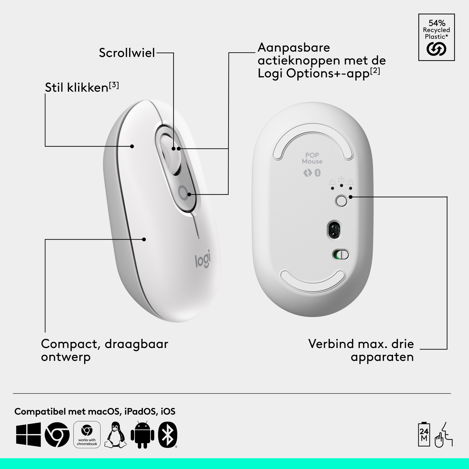 White Logitech POP mouse, showing top and bottom views, with labeled features.