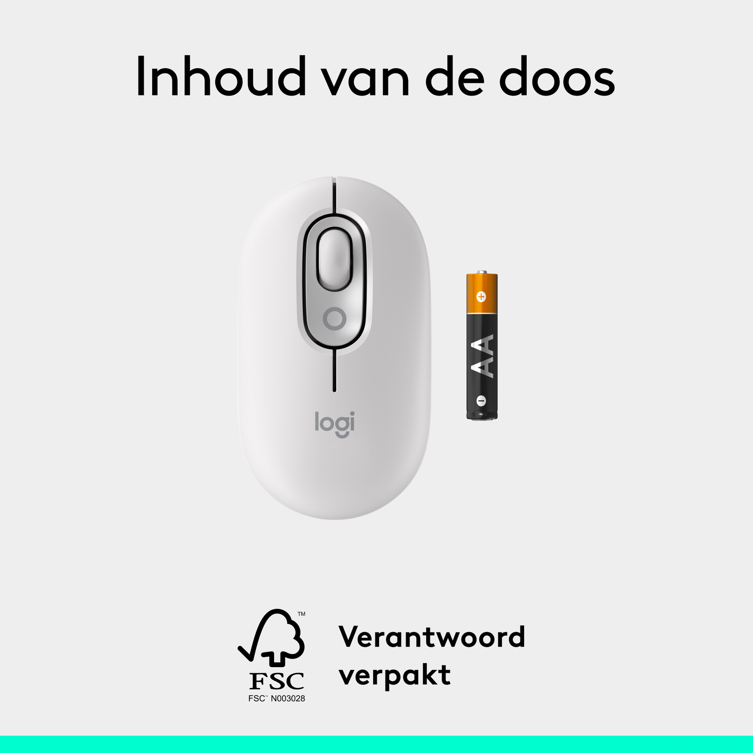 White computer mouse, battery, and logo on light background. Text states 'Content of the box' and 'Responsibly packaged'.