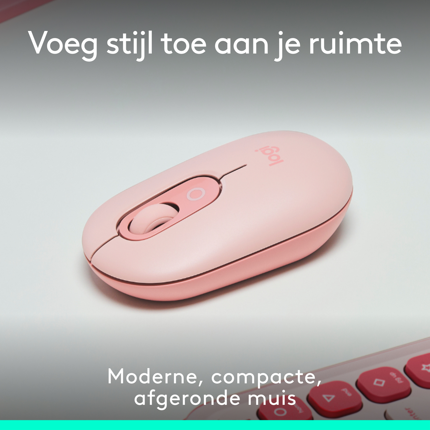 Pink Logitech mouse on white surface. Text reads: 'Add style to your space'. Modern, compact mouse.