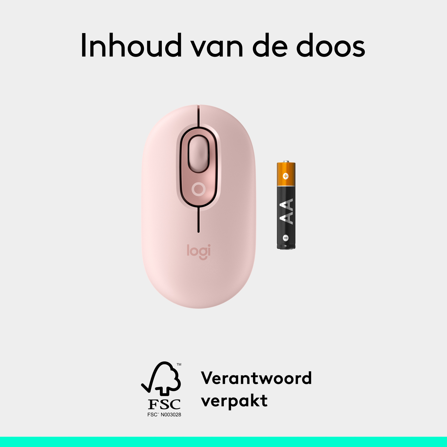 Pink computer mouse, battery, and logo on light background. Text states 'Content of the box' and 'Responsibly packaged'.