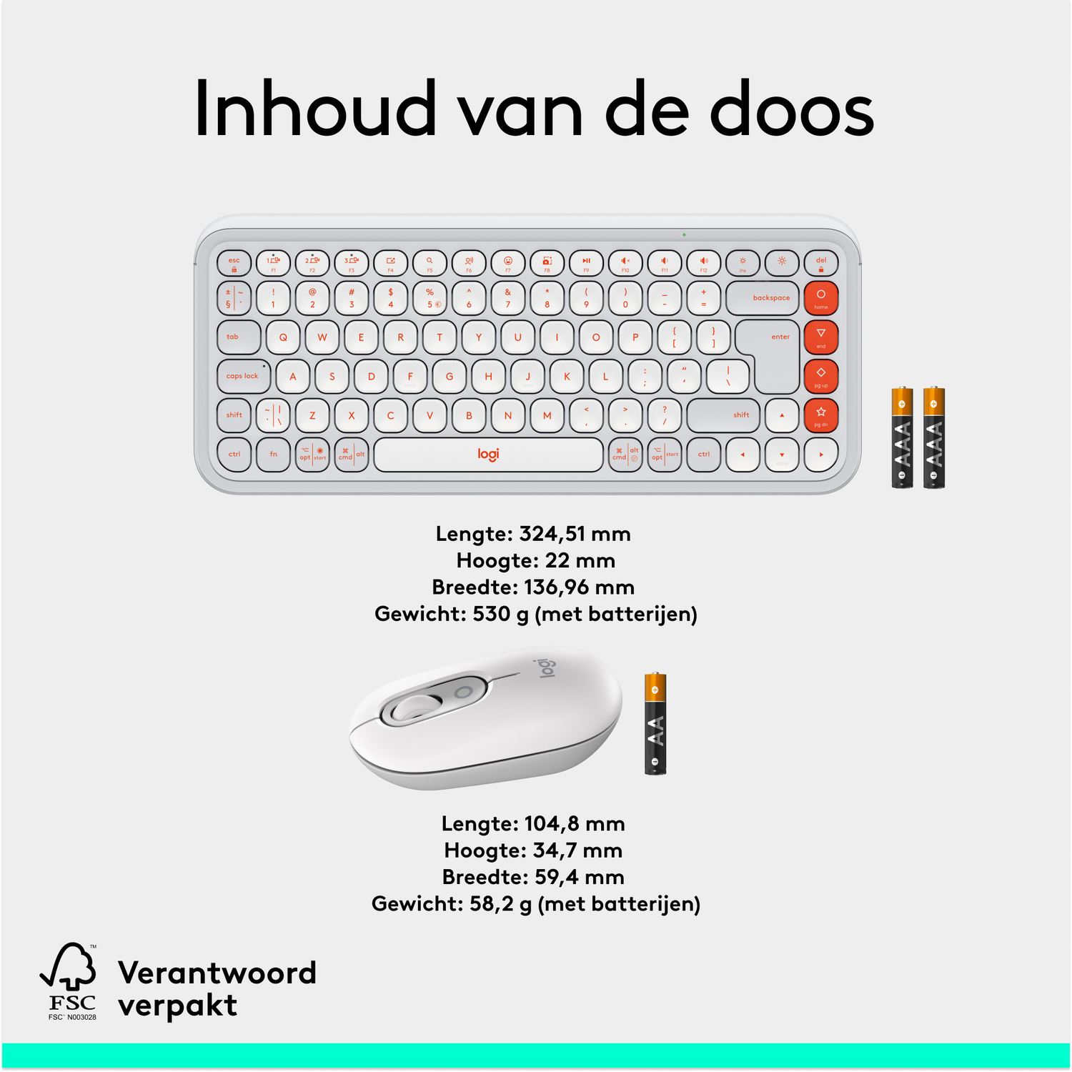 Wit toetsenbord, muis en batterijen met afmetingen en tekst in het Nederlands.