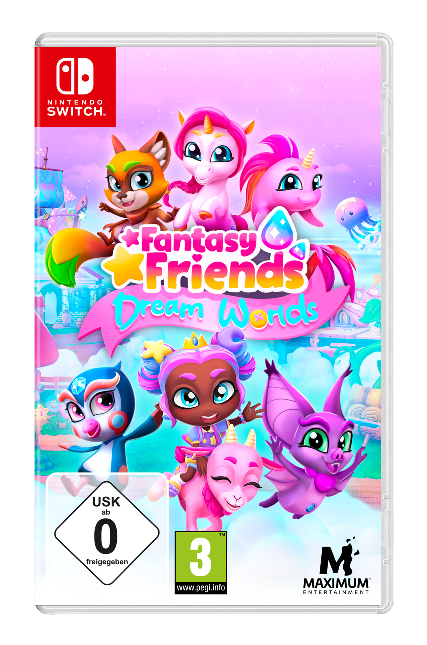 Nintendo Switch Spielhülle mit bunten Charakteren. Rosa, blau, grün und orange sind vorhanden.
