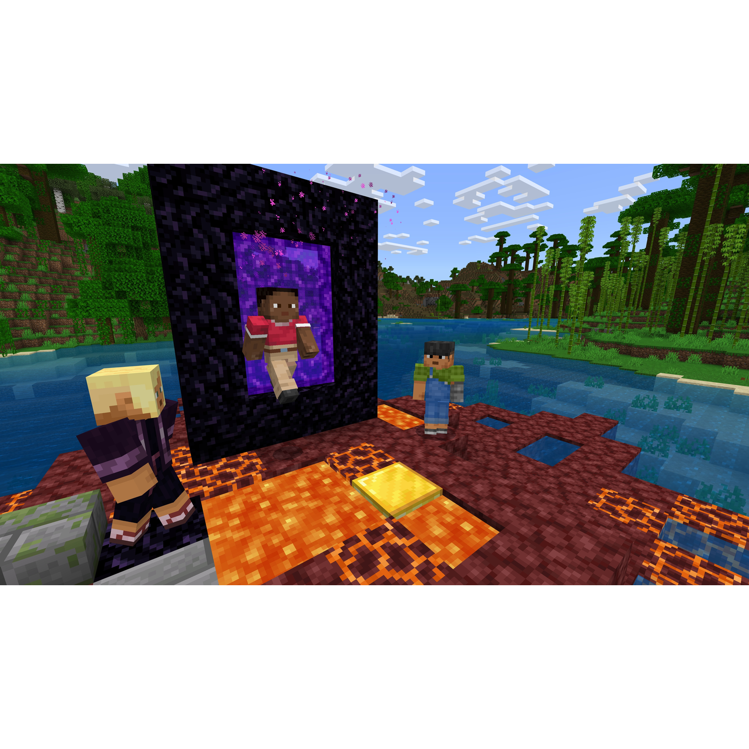 Minecraft-scène met personages, portaal, lava en water. Bos op de achtergrond.