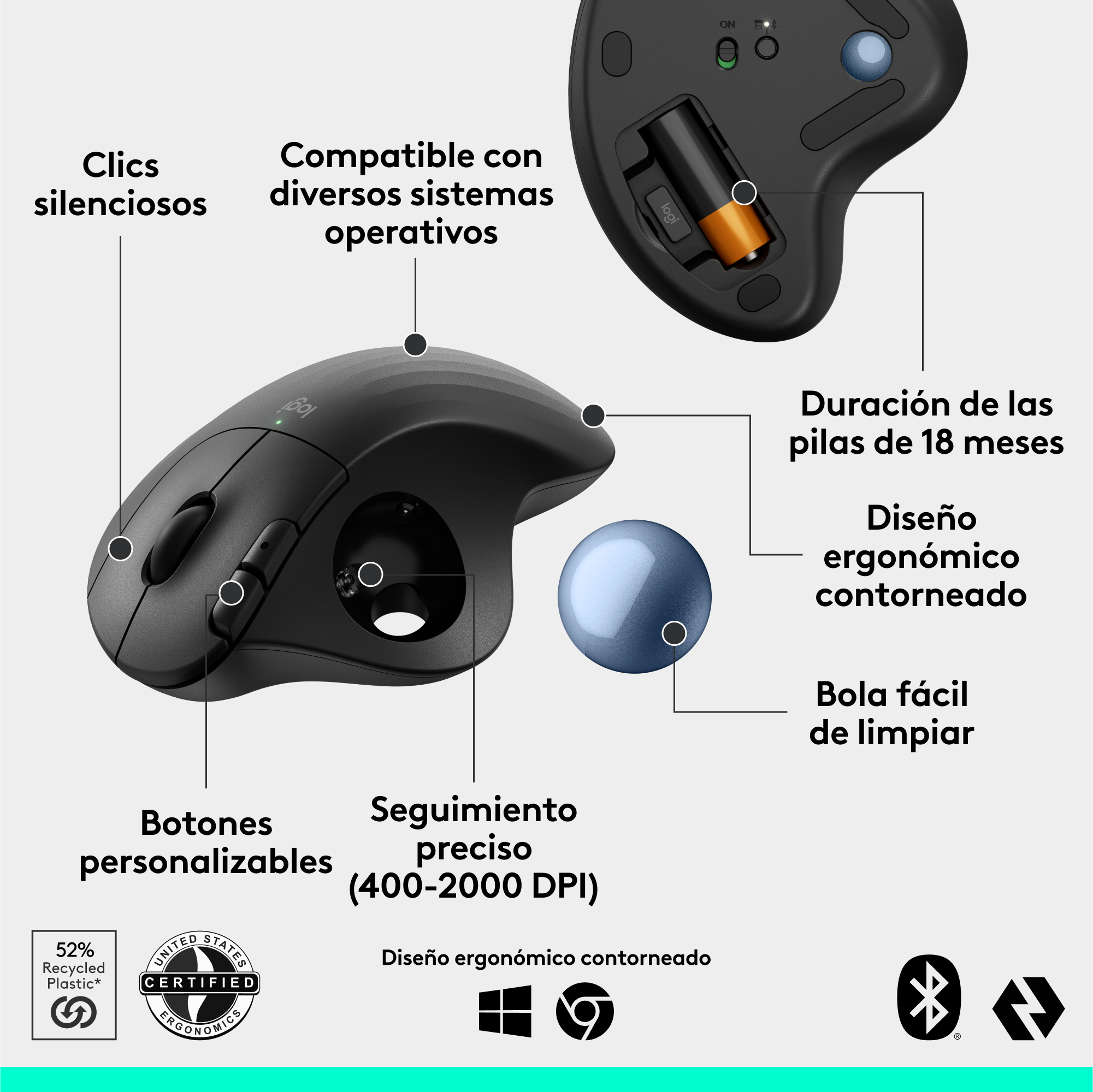 Ratón ergonómico negro con botones personalizables y una bola azul, etiquetado con texto.