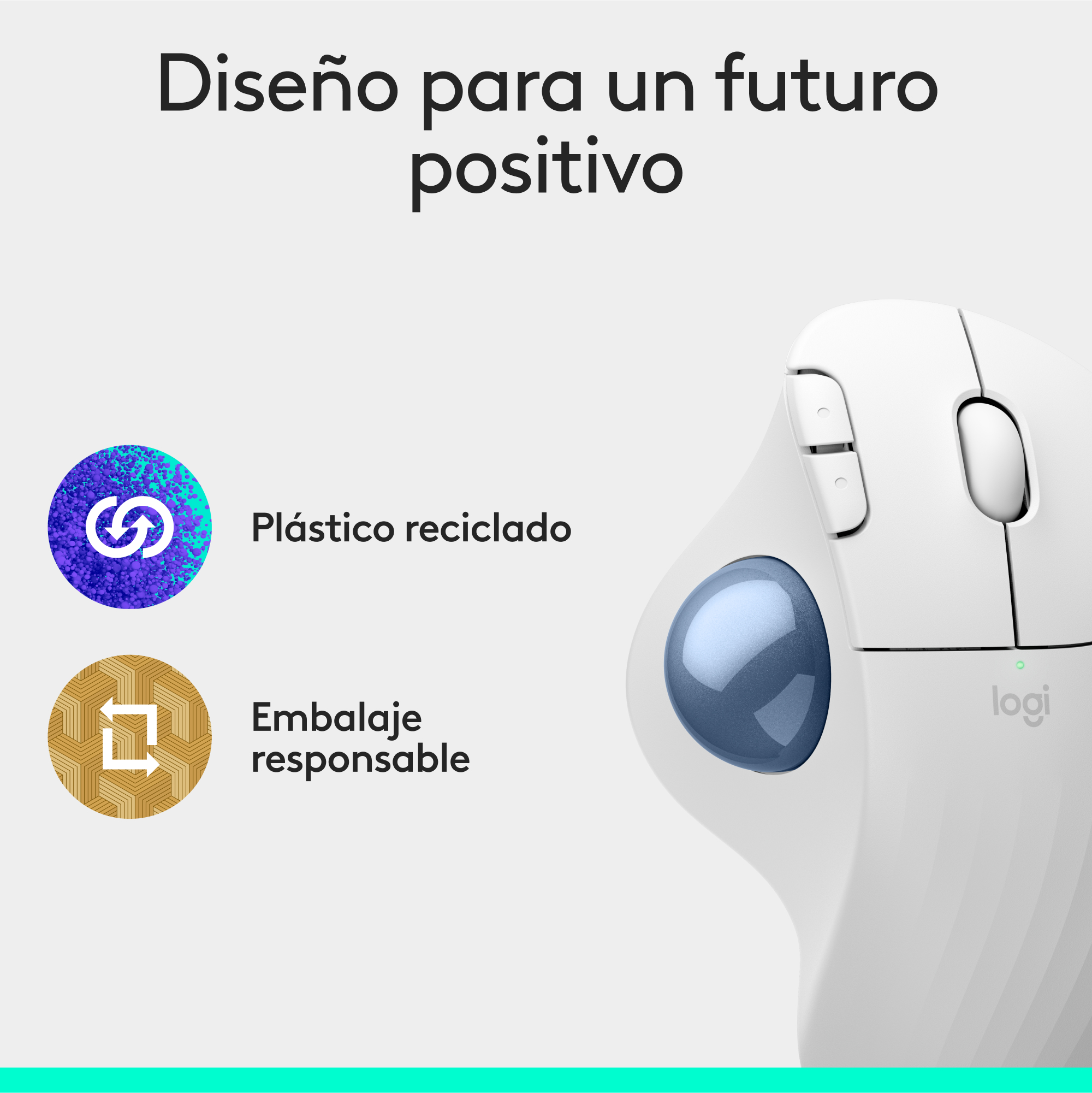 Ratón ergonómico blanco con trackball azul, texto: plástico reciclado y embalaje responsable.