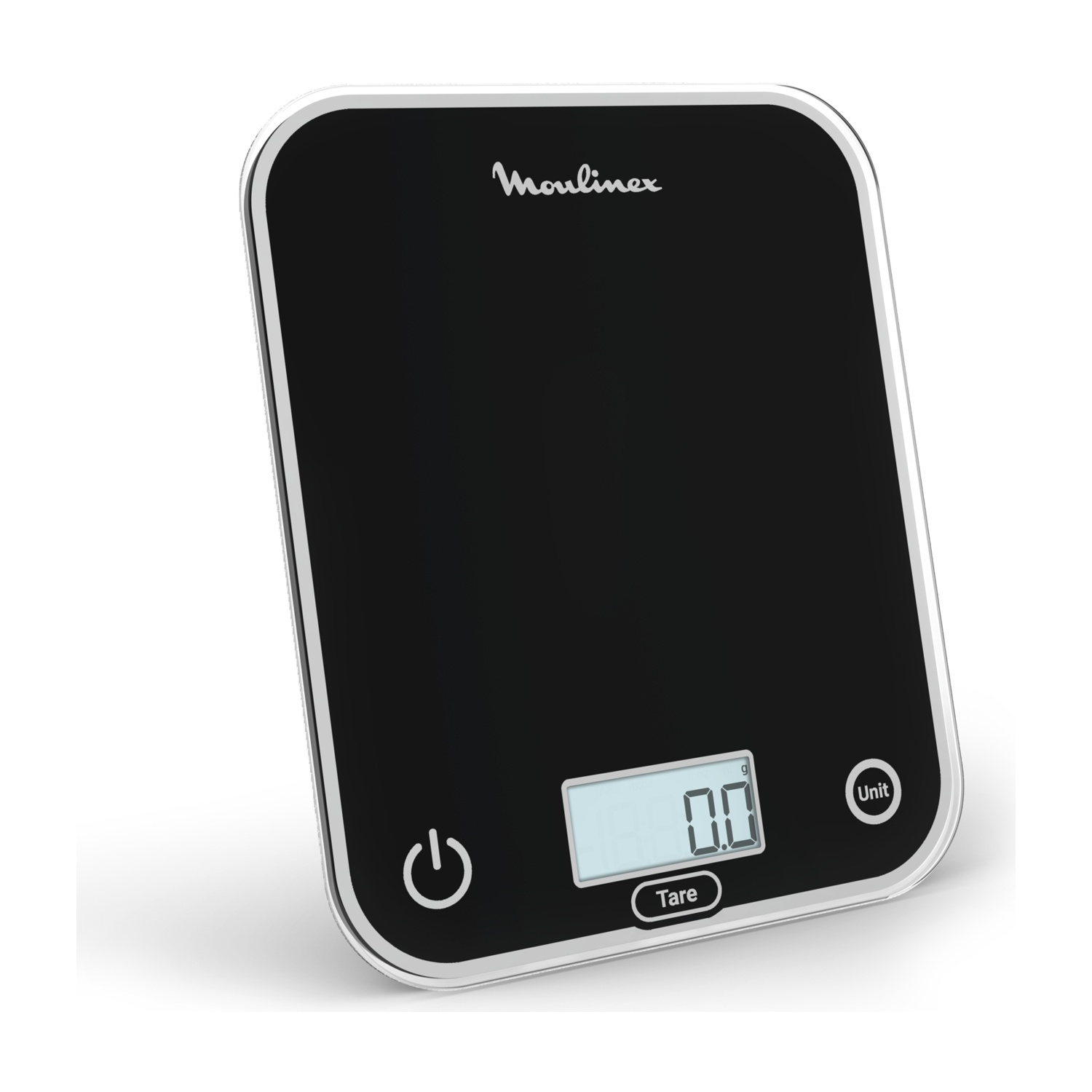 Una bilancia da cucina digitale nera con un pulsante di accensione, un pulsante tara e un display che mostra 0,0.