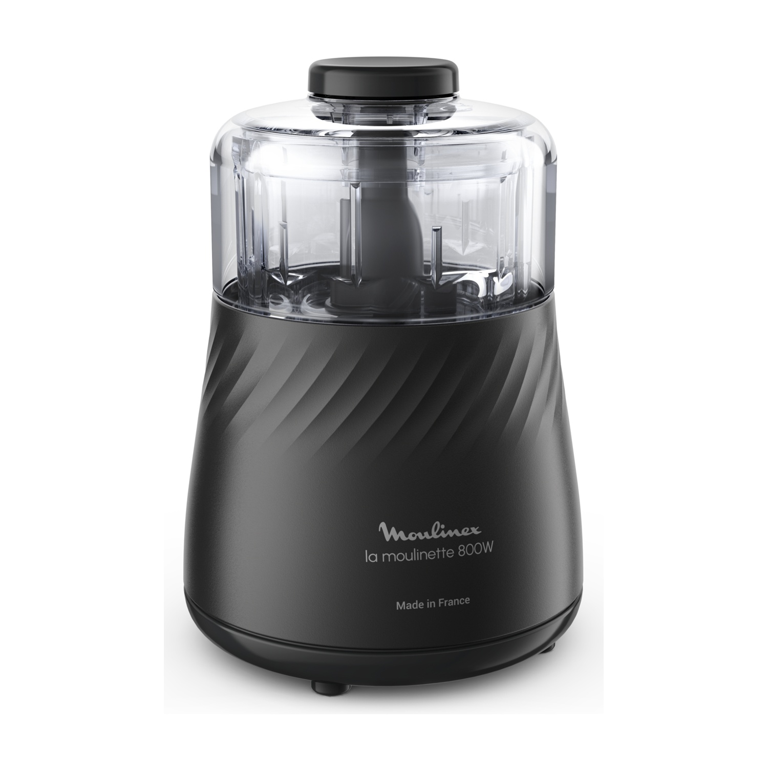Robot da cucina Moulinex nero con contenitore trasparente.