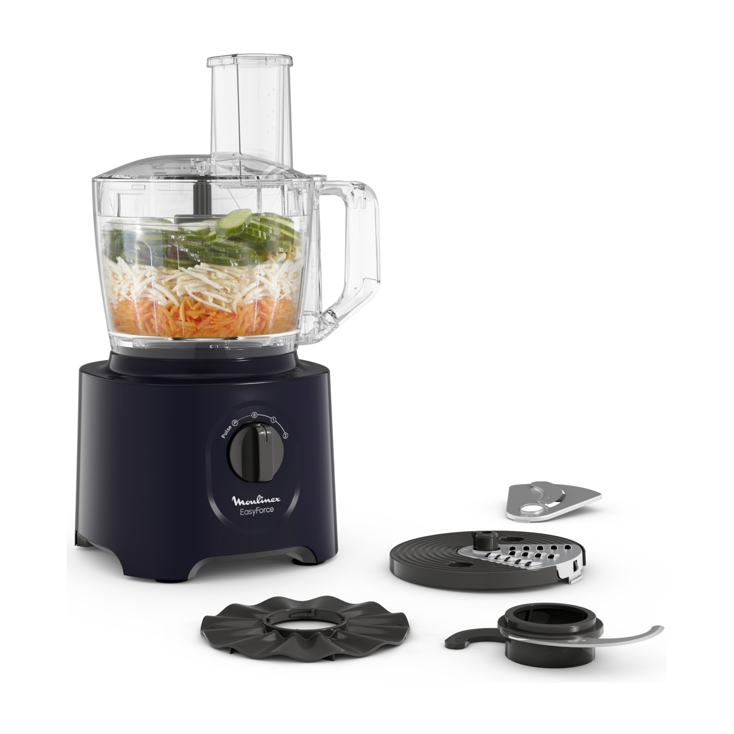 Robot da cucina Moulinex Easyforce con ingredienti nella ciotola e accessori intorno.