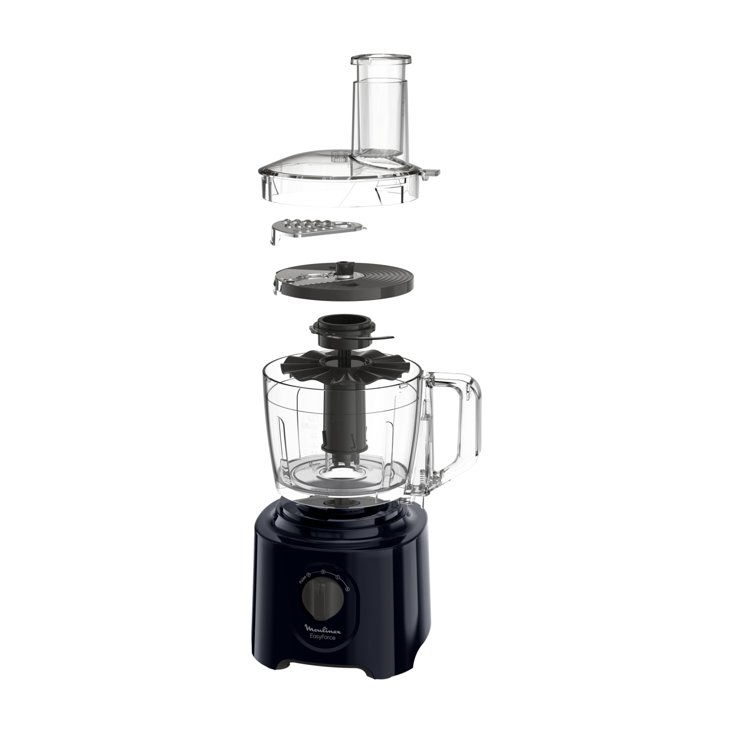 Vista esplosa di un robot da cucina. Include coperchio, lama, ciotola e base.