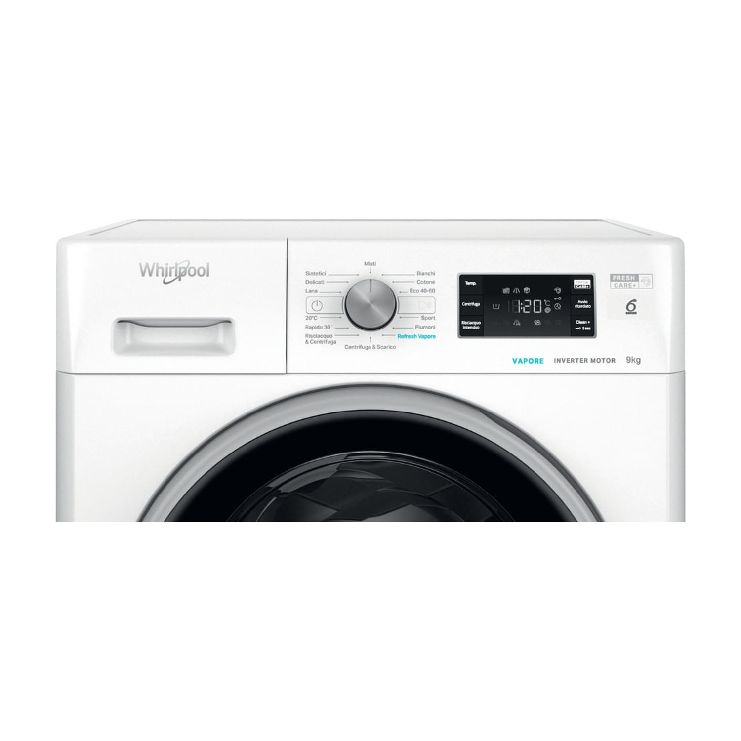 Pannello di controllo lavatrice Whirlpool bianco con quadrante e display digitale, un'etichetta da 9 kg.
