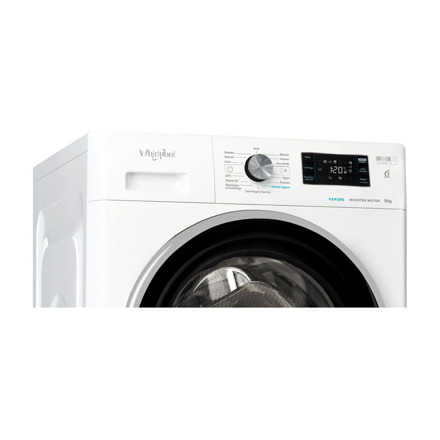 Una lavatrice Whirlpool bianca con pannello di controllo e porta nera.