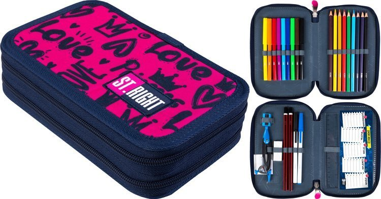 Piórnik wypełniony długopisami, ołówkami i innymi artykułami piśmienniczymi.