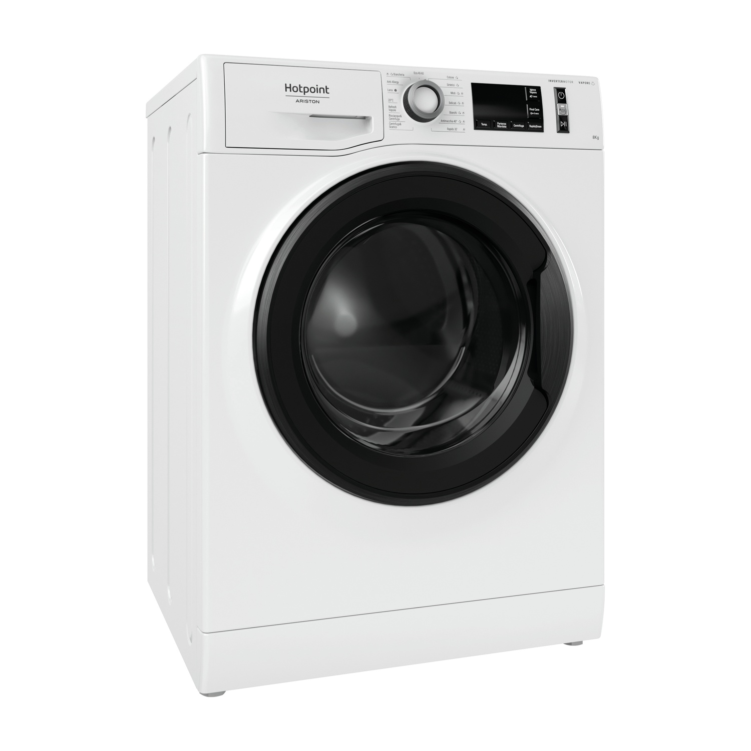 Una lavatrice bianca Hotpoint Ariston è mostrata da un'angolazione.