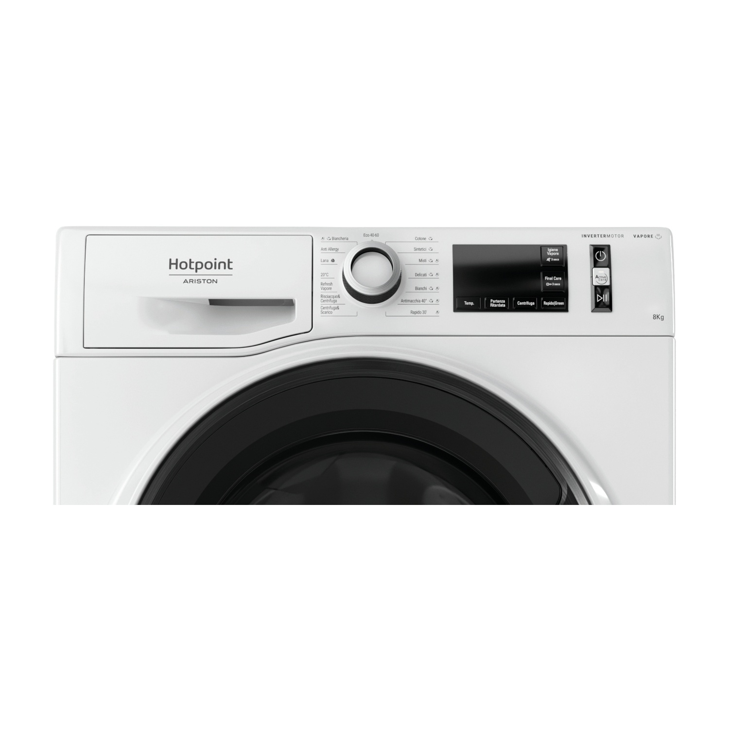 Parte frontale lavatrice Hotpoint Ariston bianca, pannello comandi visibile, su superficie bianca.