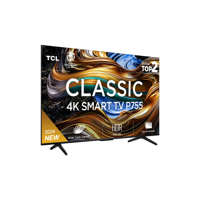 Beyaz bir arka plan üzerinde bir TCL Classic 4K Smart TV P755, HDR ve 2024 New ile.
