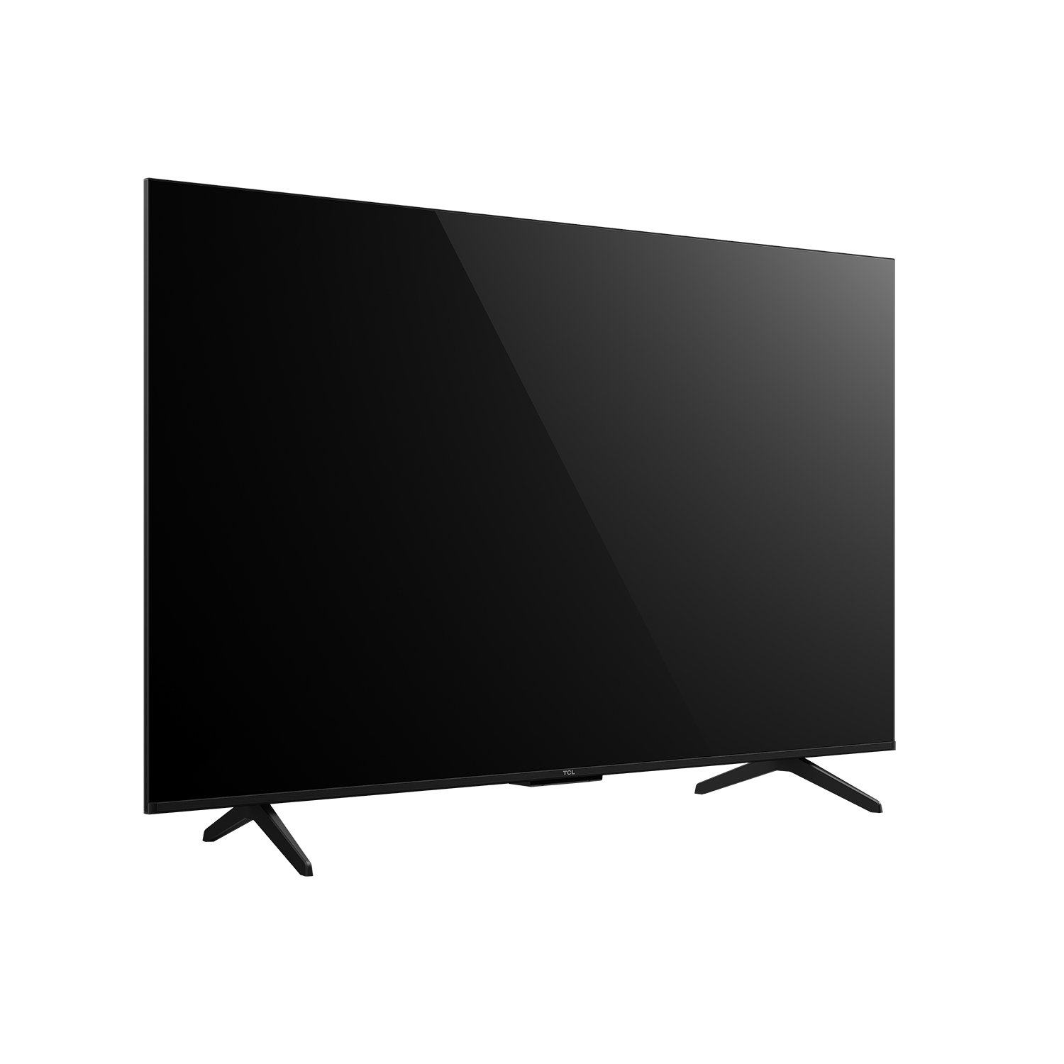 Beyaz zeminde siyah TCL TV. İki ayaklı açılı görünüm.