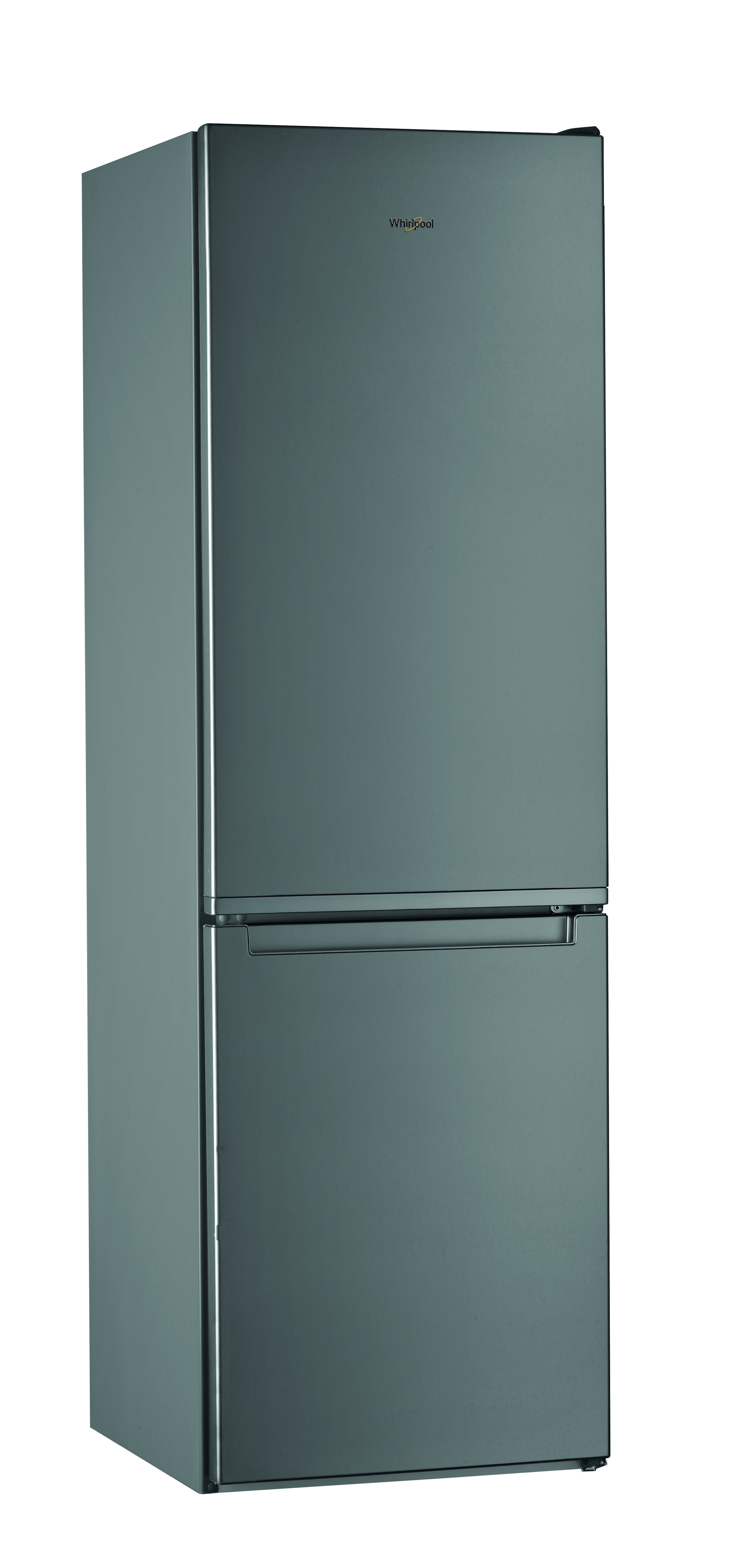 Szara lodówka z dolną zamrażarką i srebrnymi uchwytami.