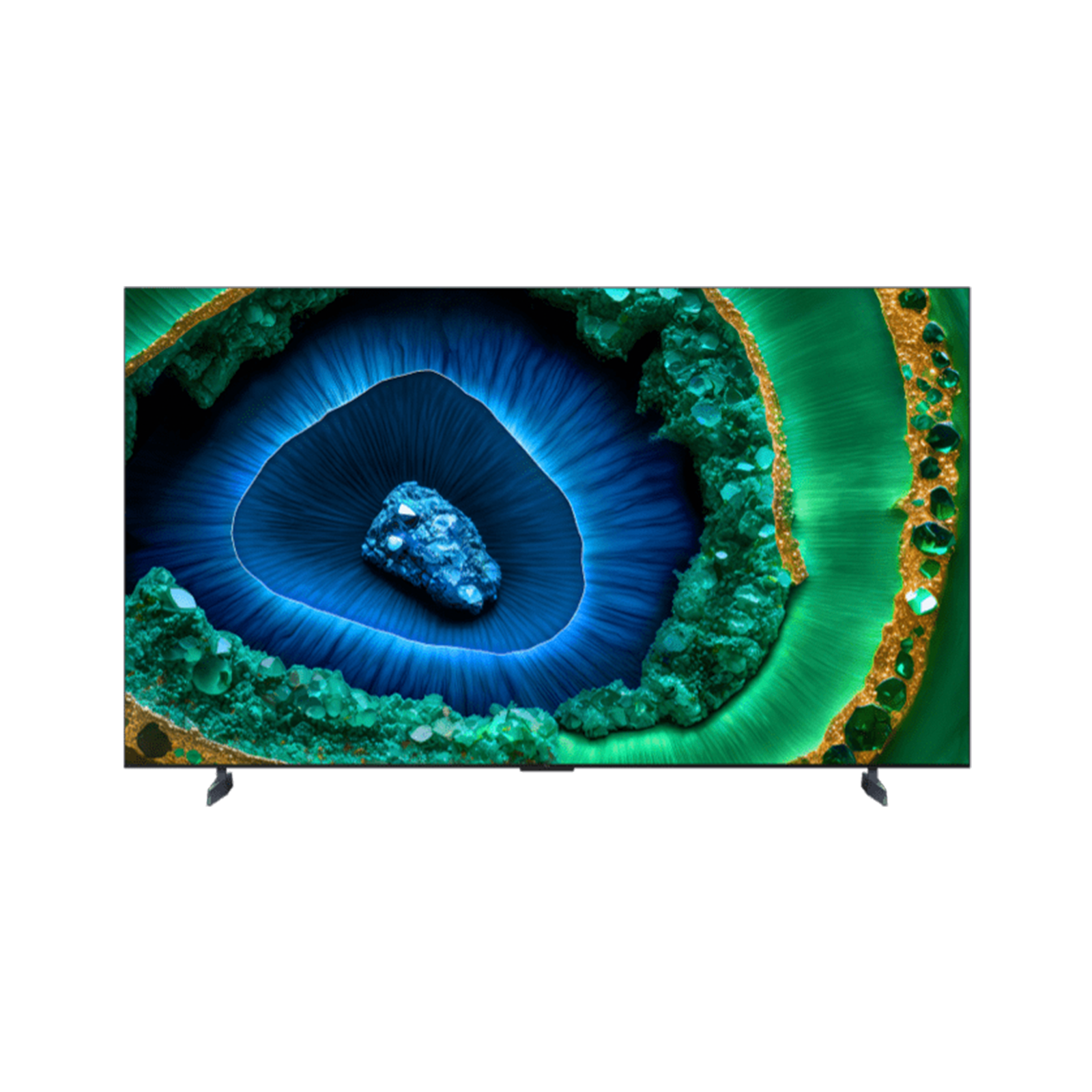 Renkli, soyut tasarımlı büyük bir düz ekran TV, siyah bir stand üzerinde.